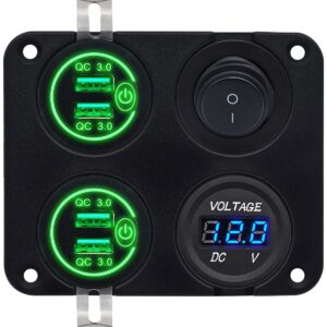 ProRide 12V USB Autolader 4 Poorten - QC3.0 - Voltmeter en Schakelaar - Vierkant inbouw paneel