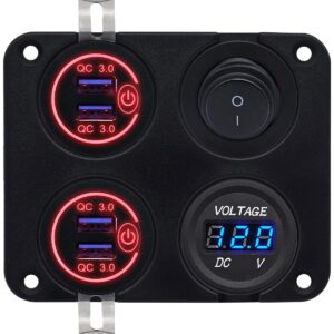 ProRide 12V USB Autolader 4 Poorten - QC3.0 - Voltmeter en Schakelaar - Vierkant inbouw paneel
