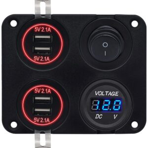 ProRide 12V USB Autolader 4 Poorten - 5V/2.1A - Voltmeter en Schakelaar - Vierkant inbouw paneel