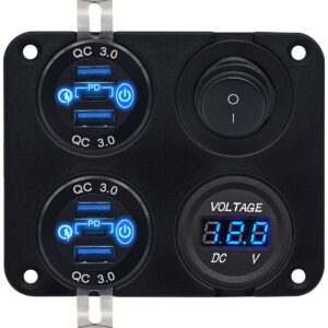 ProRide 12V USB Autolader 6 Poorten - QC3.0 - Voltmeter en Schakelaar - Vierkant inbouw paneel