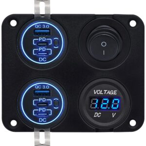 ProRide 12V USB Autolader 6 Poorten - QC3.0 - Voltmeter en Schakelaar - Vierkant inbouw paneel