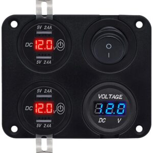 ProRide 12V USB Autolader 4 Poorten - 5V/2.4A - Voltmeter en Schakelaar - Vierkant inbouw paneel