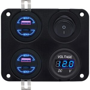 ProRide 12V USB Autolader 4 Poorten - QC4.0 - Voltmeter en Schakelaar - Vierkant inbouw paneel