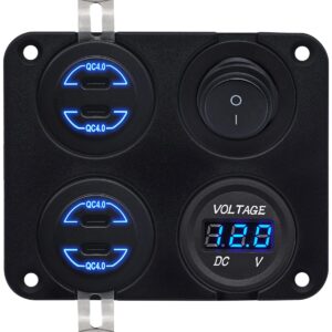 ProRide 12V USB C Autolader 4 Poorten - 30W/QC4.0 - Voltmeter en Schakelaar - Vierkant inbouw paneel