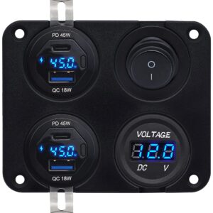 ProRide 12V USB Autolader 4 Poorten - 45W/QC3.0 - Voltmeter en Schakelaar - Vierkant inbouw paneel