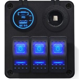 ProRide Schakelpaneel 12V voor Auto/Boot - USB C Lader 2 poorten met Sigaretten stopcontact - 65W/QC3.0 - 3 schakelaars