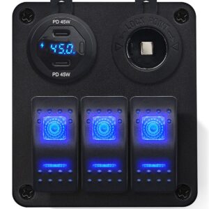 ProRide Schakelpaneel 12V voor Auto/Boot - USB C Lader 2 Poorten met Schakelaar/Wattagemeter - 45W/QC3.0 - 3 schakelaars