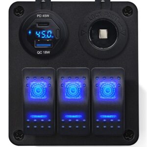 ProRide Schakelpaneel 12V voor Auto/Boot - USB/USB C Lader 2 Poorten met Wattagemeter - 45W - QC3.0 - 3 schakelaars