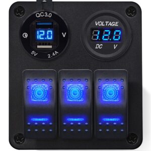 ProRide Schakelpaneel 12V voor Auto/Boot - USB Lader 2 Poorten met Voltmeter - QC3.0 - PUSB1QC-G - 3 Schakelaars