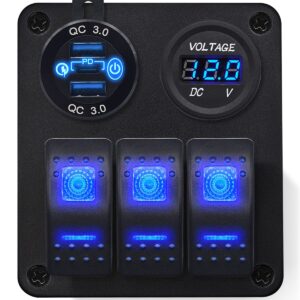 ProRide Schakelpaneel 12V voor Auto/Boot - USB Lader 2 Poorten met Voltmeter - QC3.0 - PUSB1QC-R - 3 Schakelaars