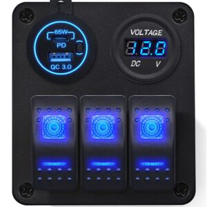 ProRide Schakelpaneel 12V voor Auto/Boot - USB Lader 2 Poorten met Voltmeter- QC4.0 - 3 Schakelaars