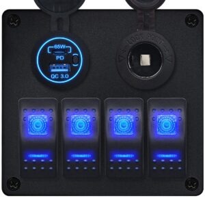 ProRide Schakelpaneel 12V voor Auto/Boot - USB C Lader 2 poorten met Sigaretten stopcontact - 65W/QC3.0 - 4 schakelaars