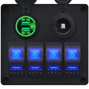 ProRide Schakelpaneel 12V voor Auto/Boot - USB Lader 2 Poorten met Sigaretten stopcontact - QC3.0 - PUSB1QC-G - 4 schakelaars