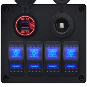 ProRide Schakelpaneel 12V voor Auto/Boot - USB Lader 2 Poorten met Sigaretten stopcontact - QC3.0 - PUSB1QC-R - 4 schakelaars