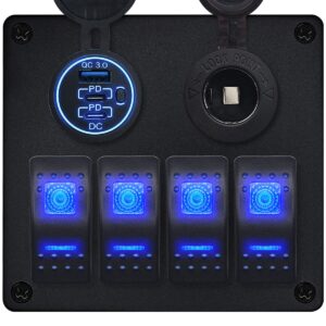ProRide Schakelpaneel 12V voor Auto/Boot - USB/USB C Lader 3 Poorten met Sigaretten stopcontact - QC3.0 - 4 schakelaars