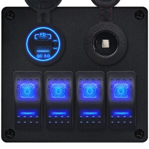 ProRide Schakelpaneel 12V voor Auto/Boot - USB/USB C Lader 2 Poorten met Sigaretten stopcontact - QC3.0 - 4 schakelaars