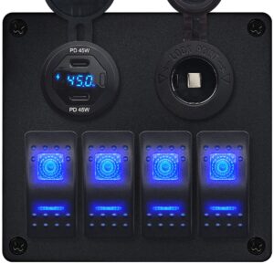 ProRide Schakelpaneel 12V voor Auto/Boot - USB C Lader 2 Poorten met Schakelaar/Wattagemeter - 45W/QC3.0 - 4 schakelaars