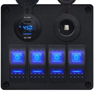 ProRide Schakelpaneel 12V voor Auto/Boot - USB/USB C Lader 2 Poorten met Wattagemeter - 45W - QC3.0 - 4 schakelaars