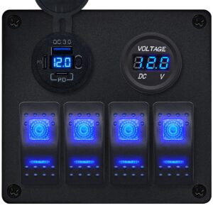 ProRide Schakelpaneel 12V voor Auto/Boot - USB C Lader 3 poorten met Voltmeter - QC3.0 - 4 Schakelaars