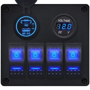 ProRide Schakelpaneel 12V voor Auto/Boot - USB C Lader 2 poorten met Voltmeter - 65W/QC3.0 - 4 Schakelaars