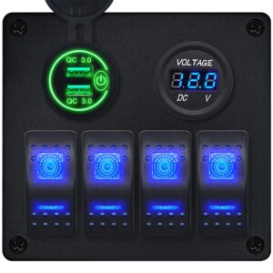 ProRide Schakelpaneel 12V voor Auto/Boot - USB Lader 2 Poorten met Voltmeter - QC3.0 - PUSB1QC-G - 4 Schakelaars