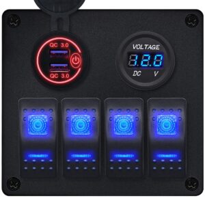 ProRide Schakelpaneel 12V voor Auto/Boot - USB Lader 2 Poorten met Voltmeter - QC3.0 - PUSB1QC-R - 4 Schakelaars
