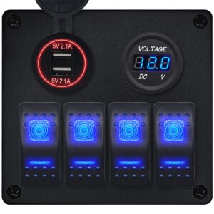 ProRide Schakelpaneel 12V voor Auto/Boot - USB Lader 2 Poorten met Voltmeter - 5V/2.1A - 4 Schakelaars