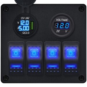 ProRide Schakelpaneel 12V voor Auto/Boot - USB Lader met Voltmeter/Ampèremeter - QC3.0 - 4 Schakelaars