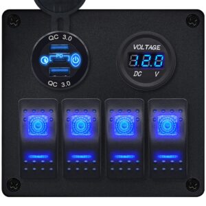 ProRide Schakelpaneel 12V voor Auto/Boot - USB Lader 3 Poorten met Voltmeter - QC3.0 - 4 Schakelaars
