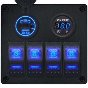 ProRide Schakelpaneel 12V voor Auto/Boot - USB/USB C Lader 2 Poorten met Voltmeter - QC3.0 - 4 Schakelaars