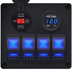 ProRide Schakelpaneel 12V voor Auto/Boot - USB Lader 2 Poorten met Voltmeter - 5V/2.4A - 4 Schakelaars