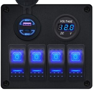ProRide Schakelpaneel 12V voor Auto/Boot - USB Lader 2 Poorten met Voltmeter- QC4.0 - 4 Schakelaars