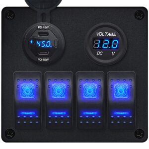 ProRide Schakelpaneel 12V voor Auto/Boot - USB C Lader 2 Poorten met Voltmeter/Wattagemeter - 45W/QC3.0 - 4 Schakelaars