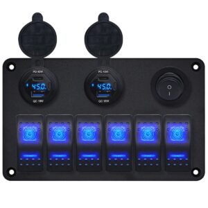 ProRide Schakelpaneel 12V voor Auto/Boot - USB/USB C Lader 4 Poorten met Wattagemeter - 45W - QC3.0 - 6 Schakelaars