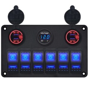 ProRide Schakelpaneel 12V voor Auto/Boot - USB Lader 4 Poorten met Voltmeter - QC3.0 - PUSB1QC-R - 6 Schakelaars