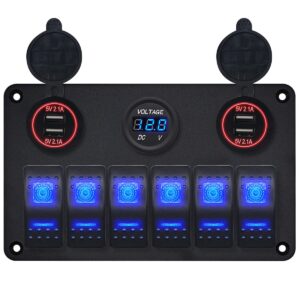 ProRide Schakelpaneel 12V voor Auto/Boot - USB Lader 4 Poorten met Voltmeter - 5V/2.1A - 6 Schakelaars