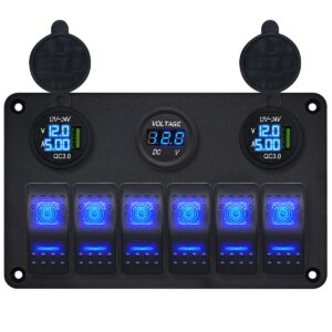 ProRide Schakelpaneel 12V voor Auto/Boot - USB Lader 2 Poorten met Voltmeter/Ampèremeter - QC3.0 - 6 Schakelaars