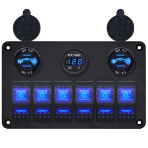 ProRide Schakelpaneel 12V voor Auto/Boot - USB Lader 6 Poorten met Voltmeter - QC3.0 - 6 Schakelaars
