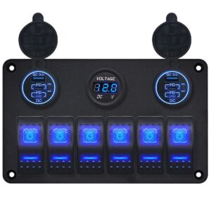 ProRide Schakelpaneel 12V voor Auto/Boot - USB/USB C Lader 6 Poorten met Voltmeter - QC3.0 - 6 Schakelaars