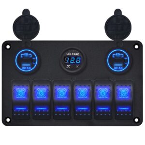 ProRide Schakelpaneel 12V voor Auto/Boot - USB/USB C Lader 4 Poorten met Voltmeter - QC3.0 - 6 Schakelaars