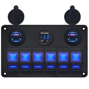ProRide Schakelpaneel 12V voor Auto/Boot - USB Lader 4 Poorten met Voltmeter- QC4.0 - 6 Schakelaars