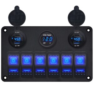 ProRide Schakelpaneel 12V voor Auto/Boot - USB/USB C Lader 4 Poorten met Wattagemeter - 45W - QC3.0 - 6 Schakelaars