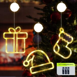 Kerstverlichting Raam Kerstsok + Kerstmuts + Kerstcadeau - ø18cm - Inclusief Batterijen - Kerstversiering met Zuignap