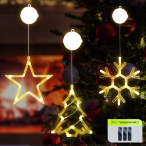 Kerstverlichting Raam Sneeuwvlok + Kerstster + Kerstboom - ø18cm - Inclusief Batterijen - Kerstversiering met Zuignap