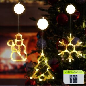 Kerstverlichting Raam Sneeuwvlok + Kerstboom + Sneeuwpop met Bezem - ø18cm - Inclusief Batterijen - Kerstversiering met Zuignap
