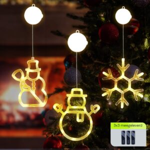 Kerstverlichting Raam Sneeuwvlok + Sneeuwpop met Bezem + Sneeuwpop met Twee Armen - ø18cm - Inclusief Batterijen - Kerstversiering met Zuignap