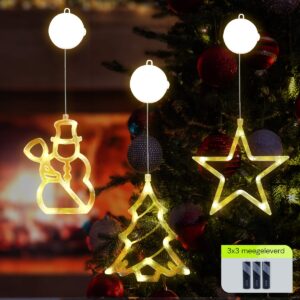 Kerstverlichting Raam Kerstster + Kerstboom + Sneeuwpop met Bezem - ø18cm - Inclusief Batterijen - Kerstversiering met Zuignap