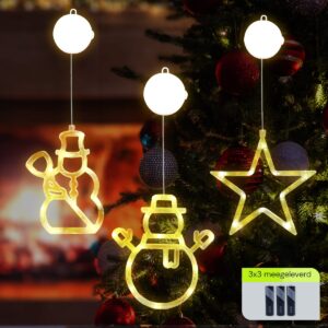 Kerstverlichting Raam Kerstster + Sneeuwpop met Bezem + Sneeuwpop met Twee Armen - ø18cm - Inclusief Batterijen - Kerstversiering met Zuignap