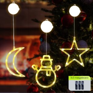 Kerstverlichting Raam Kerstster + Sneeuwpop met Twee Armen + Maan - ø18cm - Inclusief Batterijen - Kerstversiering met Zuignap