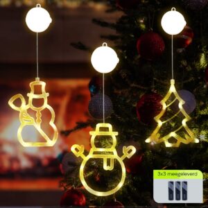 Kerstverlichting Raam Kerstboom + Sneeuwpop met Bezem + Sneeuwpop met Twee Armen - ø18cm - Inclusief Batterijen - Kerstversiering met Zuignap